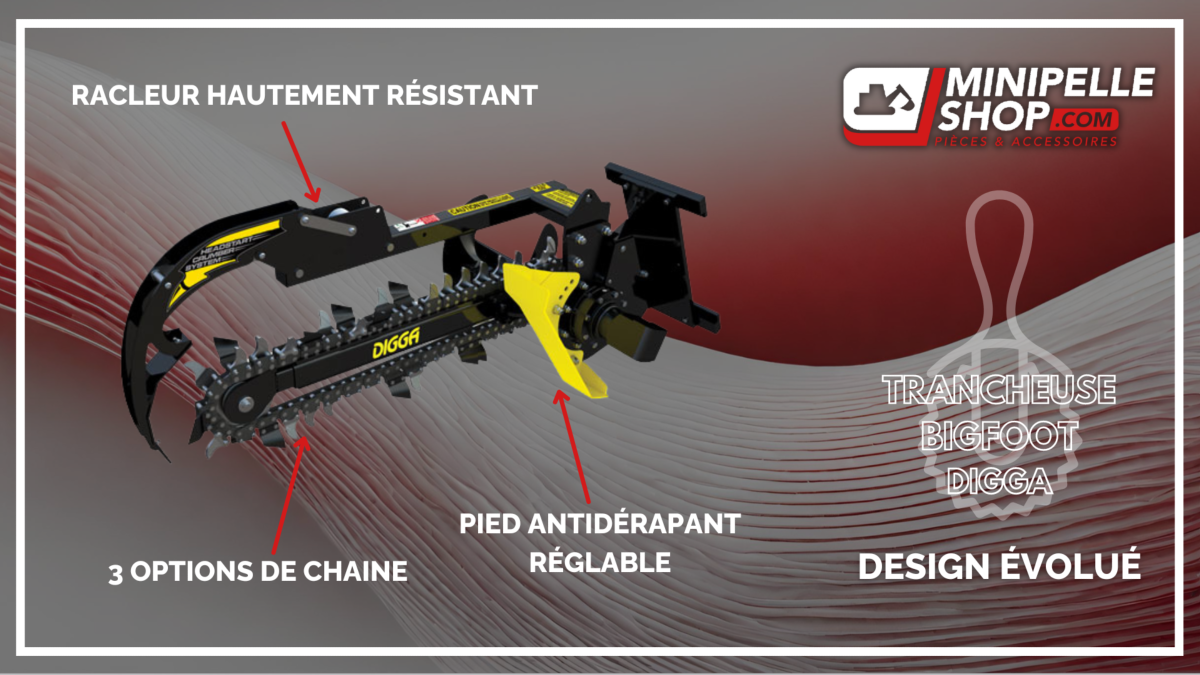 Trancheuse Bigfoot Digga avec 3 options de chane, racleur hautement rsistant et pied antidrapant rglable. Accessoire robuste pour mini-pelles, idal pour les travaux de terrassement. Disponible chez Minipelle-Shop avec un design volu pour des performances maximales.