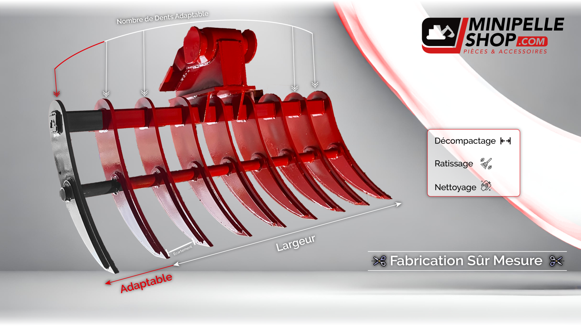 Image publicitaire prsentant un rteau rouge pour mini excavatrice de MiniPelle Shop, idal pour le dcompactage, le ratissage et le nettoyage. Le rteau, illustr en 3D, met en avant la qualit et la polyvalence des accessoires proposs par MiniPelle Shop.