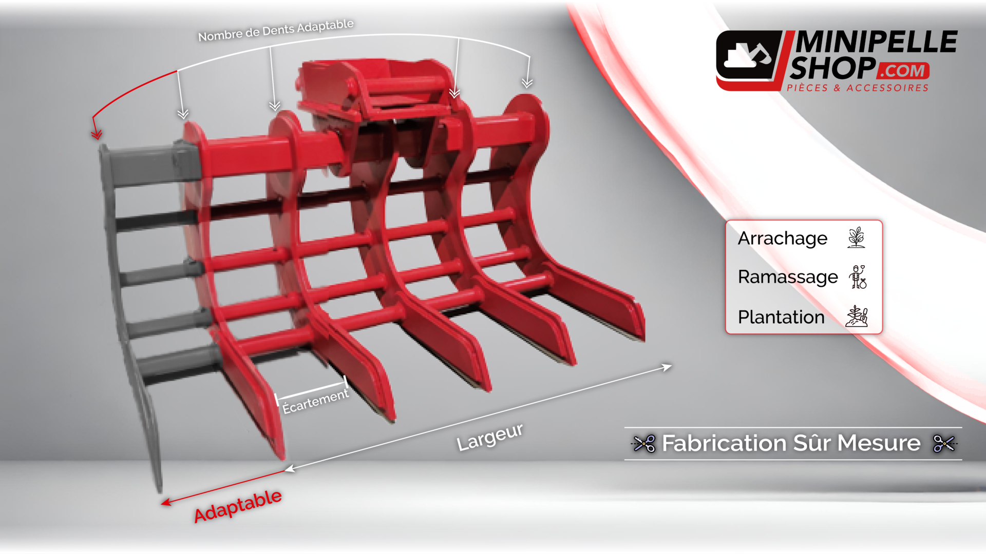 Reprsentation 3D d’un accessoire d’excavatrice rouge de MiniPelle Shop, conu pour l’arrachage, le ramassage et la plantation. Cet accessoire sur mesure, adaptable en largeur, cartement et nombre de dents, illustre le savoir-faire de MiniPelle Shop en matire de fabrication d’quipements pour mini pelles