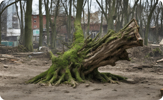 Une grande souche d’arbre avec des racines exposées couvertes de mousse dans une clairière boueuse avec des bâtiments en arrière-plan.   Cette image démontre la situation parfaite pour utiliser un broyeur forestier.