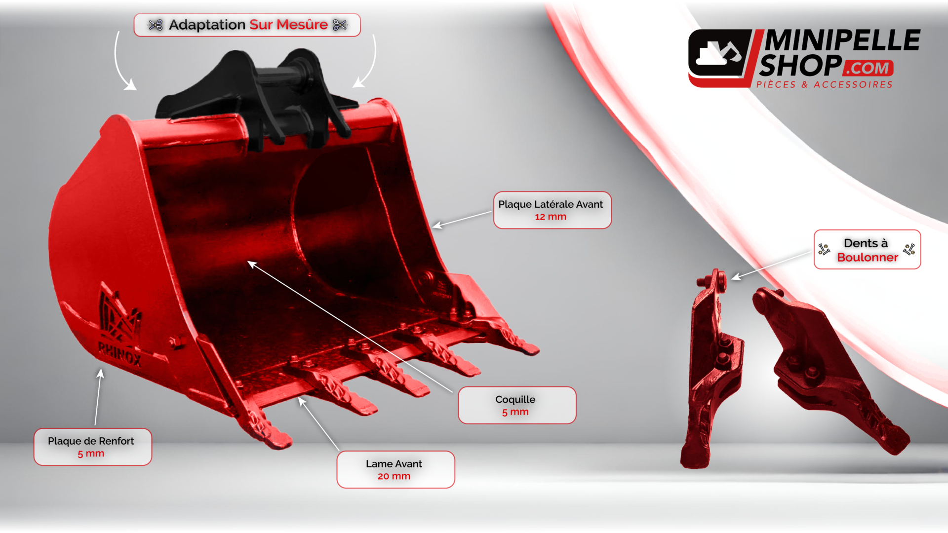 Indication dtaille d’un godet minipelle rouge avec des mesures et des tiquettes en franais, incluant ‘Adaptation Sur Mesure’, ‘Plaque de Renfort’, ‘Coquille’, ‘Dents  Boulonner’, ‘Plaque Latrale Avant’, ‘Lame Avant’