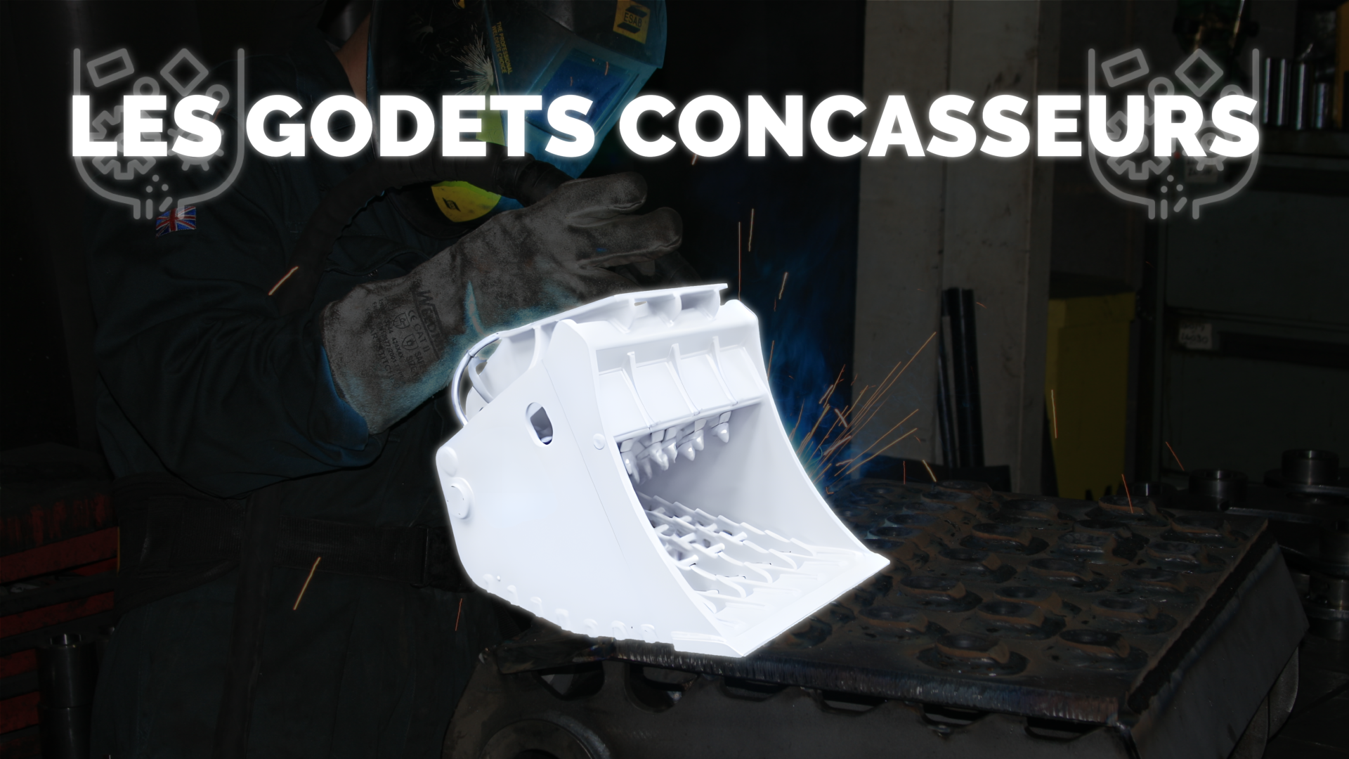 Photo godet standard pour quipement de construction, prsent dans un atelier ou un chantier de construction, illustrant la qualit et la robustesse des produits Rhinox, leader britannique dans la fourniture d’quipements pour engins de travaux publics