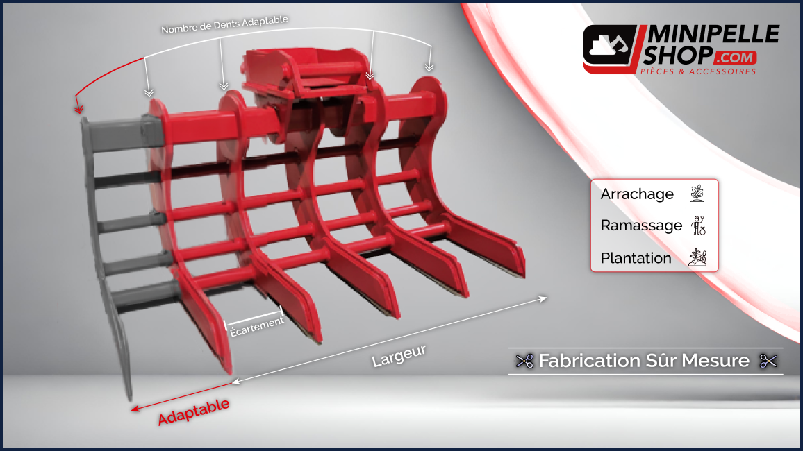 Reprsentation 3D d’un accessoire d’excavatrice rouge de MiniPelle Shop, conu pour l’arrachage, le ramassage et la plantation. Cet accessoire sur mesure, adaptable en largeur, cartement et nombre de dents, illustre le savoir-faire de MiniPelle Shop en matire de fabrication d’quipements pour mini pelles